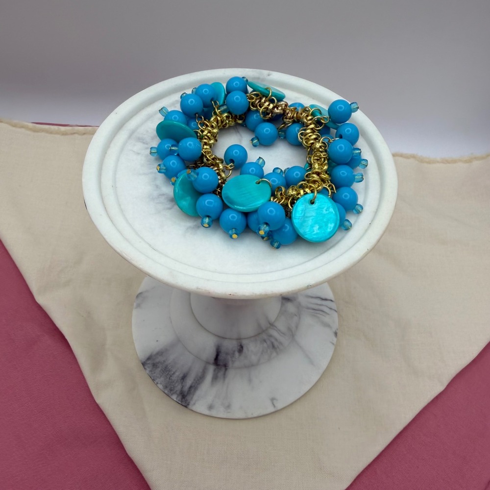 Turquoise Blue Beaded Charm Bracelet Gold Tone Chunky Multi Strand Boho Jewelry